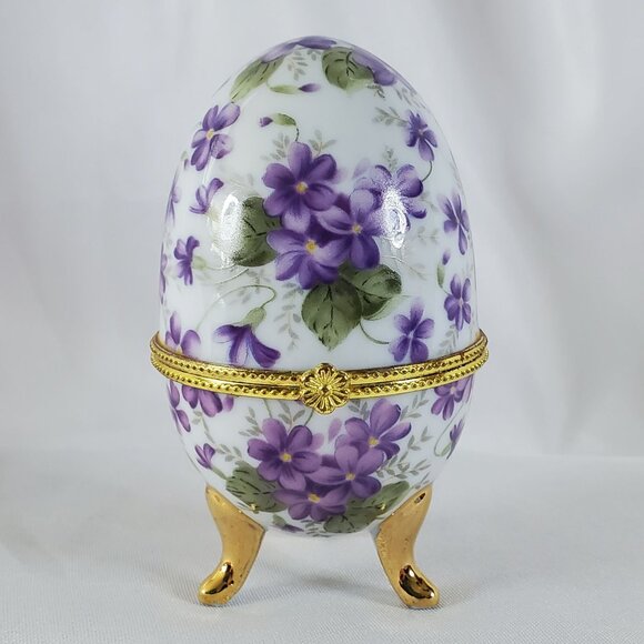 Vintage Egg Shaped Violet Floral Porcelain Trinket Box Hinged Footed Jewelry Box - Picture 11 of 12